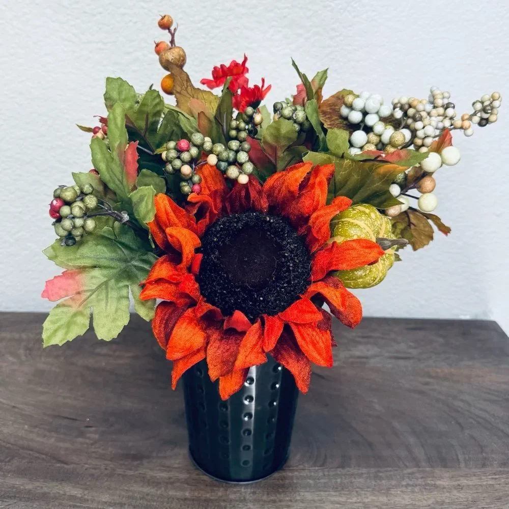 Fall Autumn Sunflower Pumpkin Berries Floral Vase Arrangement